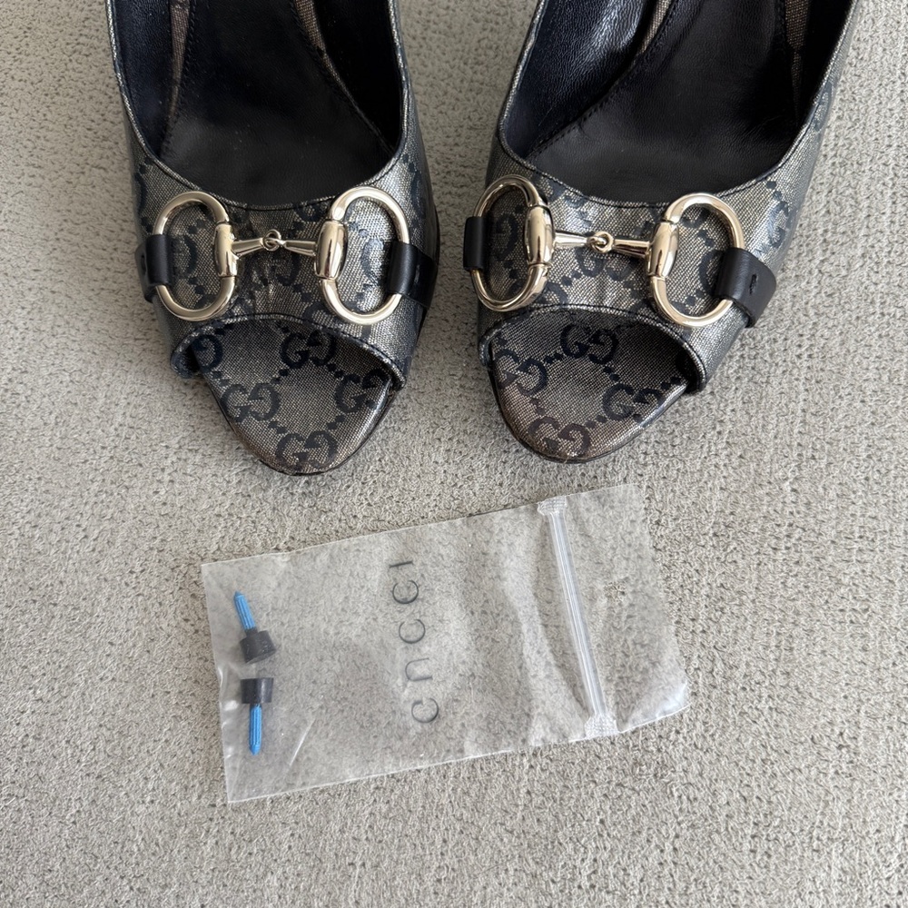 Gucci Brown GG Monogram Peep-Toe Heels with Gold Hardware - Picture 6 of 6
